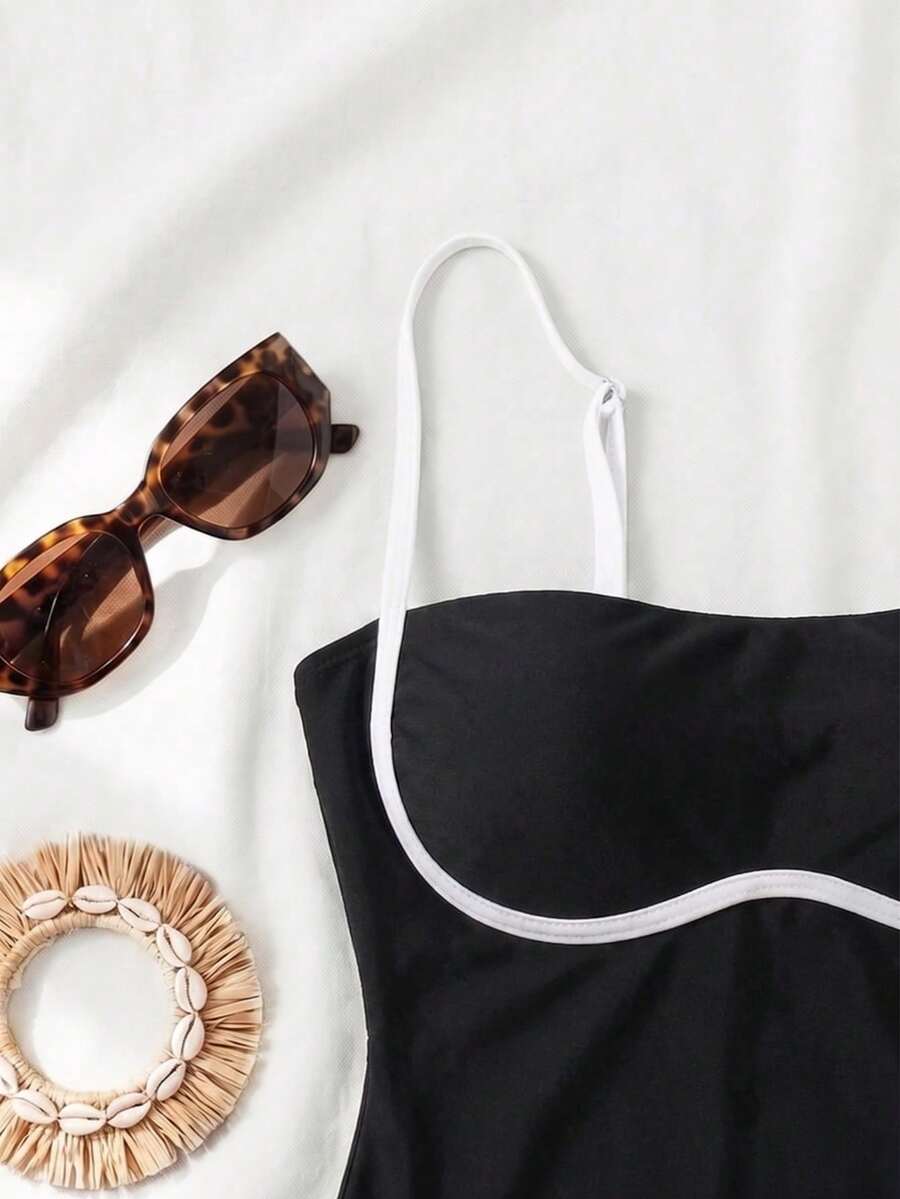New Sexy Contrast Color High Elasticity Casual Elegant Beach Vacation Date Party Women One-Piece Swimsuit