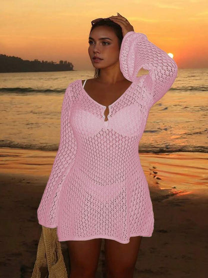 Plus Size Women's Long Sleeve Hollow Crochet Cover-Up