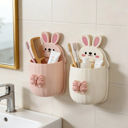 1pc/1set Cute Rabbit Storage Rack + Bowknot Decoration, Space-Saving Wall-Mounted Toothbrush & Toothpaste Holder, Bathroom Decor Accessory
