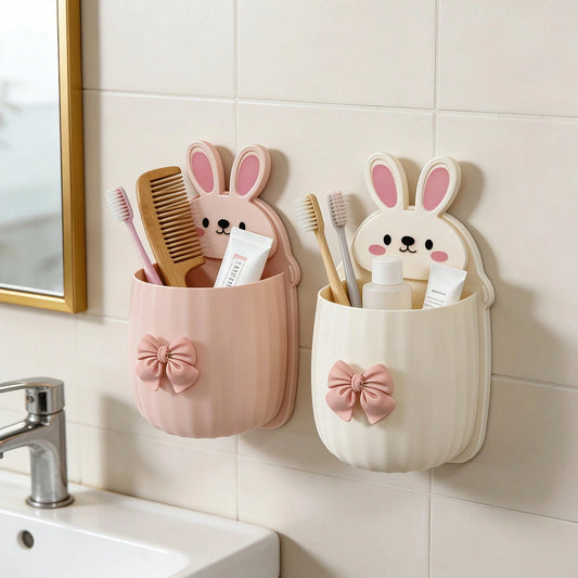 1pc/1set Cute Rabbit Storage Rack + Bowknot Decoration, Space-Saving Wall-Mounted Toothbrush & Toothpaste Holder, Bathroom Decor Accessory