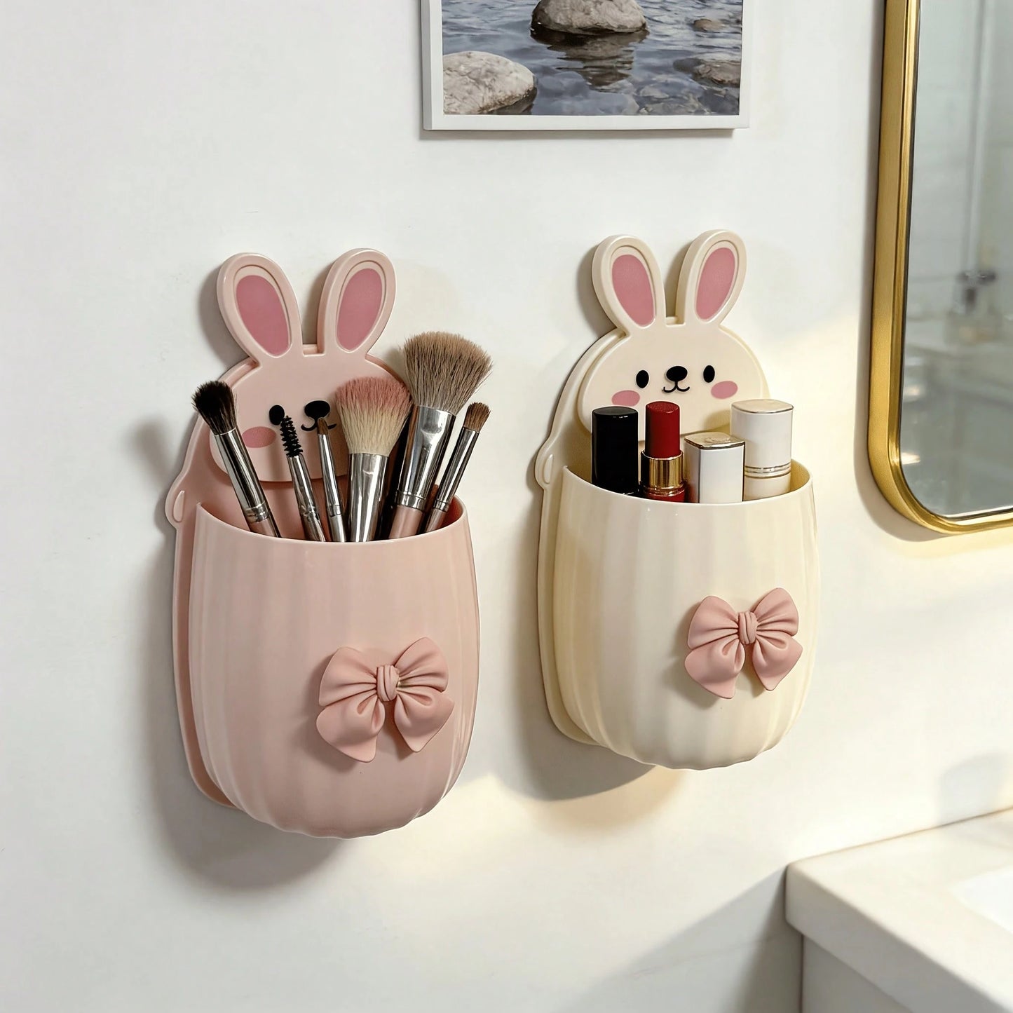 1pc/1set Cute Rabbit Storage Rack + Bowknot Decoration, Space-Saving Wall-Mounted Toothbrush & Toothpaste Holder, Bathroom Decor Accessory