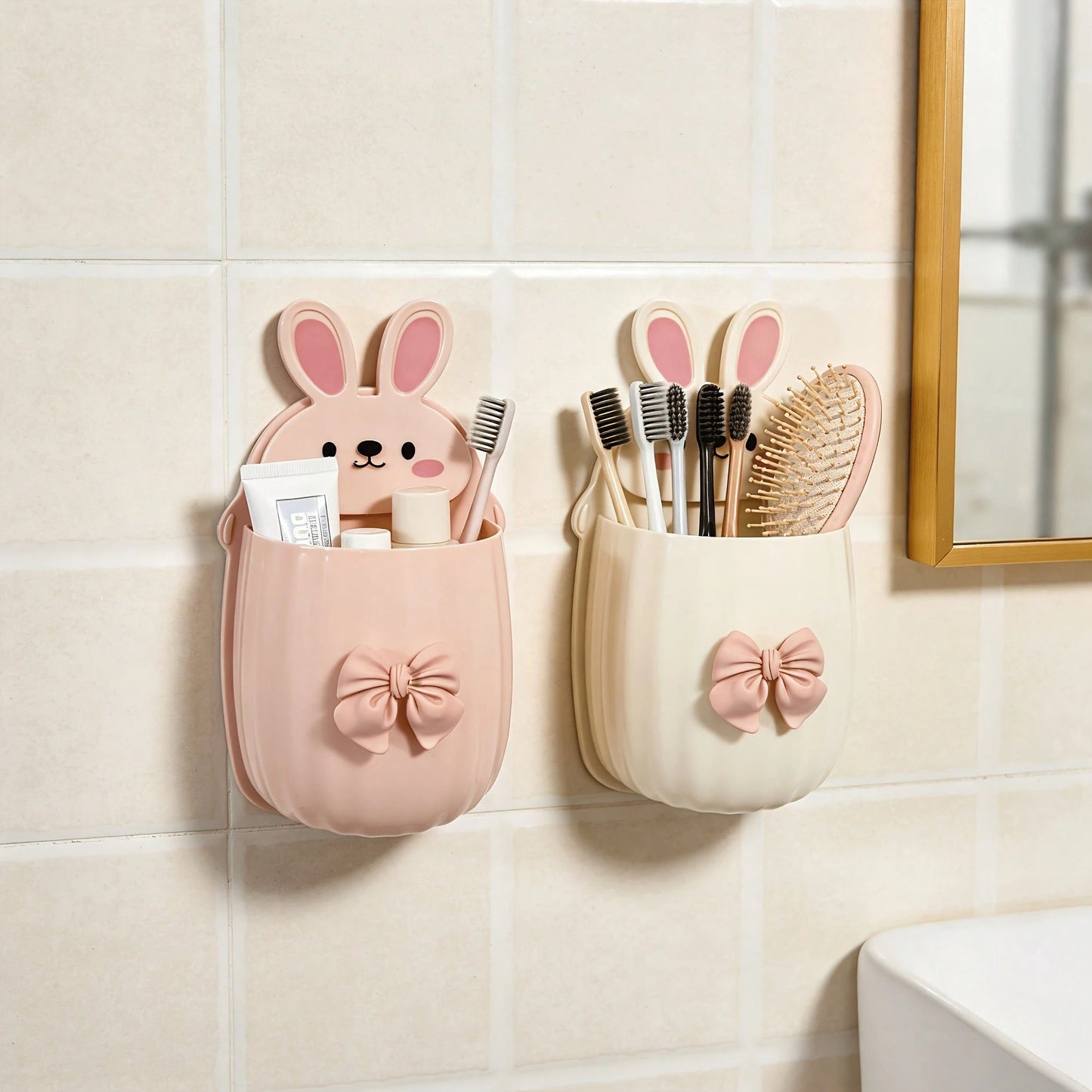 1pc/1set Cute Rabbit Storage Rack + Bowknot Decoration, Space-Saving Wall-Mounted Toothbrush & Toothpaste Holder, Bathroom Decor Accessory