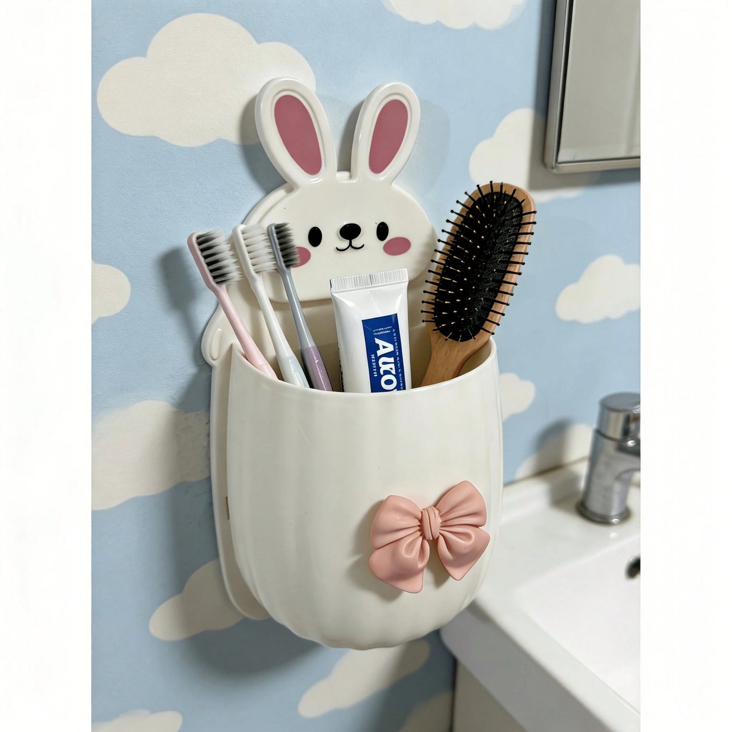 1pc/1set Cute Rabbit Storage Rack + Bowknot Decoration, Space-Saving Wall-Mounted Toothbrush & Toothpaste Holder, Bathroom Decor Accessory