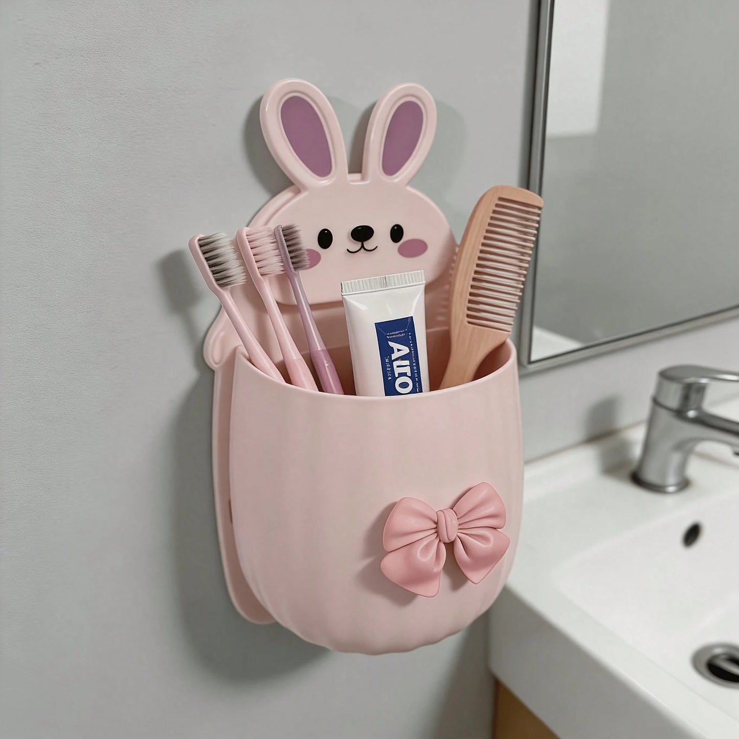 1pc/1set Cute Rabbit Storage Rack + Bowknot Decoration, Space-Saving Wall-Mounted Toothbrush & Toothpaste Holder, Bathroom Decor Accessory