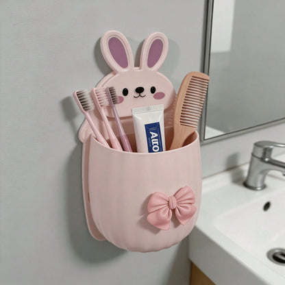 1pc/1set Cute Rabbit Storage Rack + Bowknot Decoration, Space-Saving Wall-Mounted Toothbrush & Toothpaste Holder, Bathroom Decor Accessory