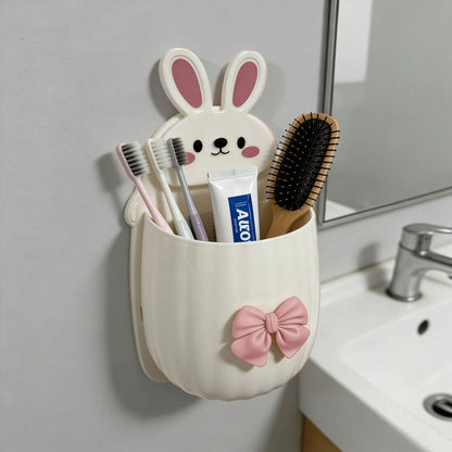 1pc/1set Cute Rabbit Storage Rack + Bowknot Decoration, Space-Saving Wall-Mounted Toothbrush & Toothpaste Holder, Bathroom Decor Accessory