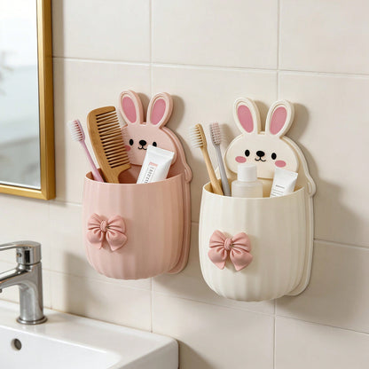 1pc/1set Cute Rabbit Storage Rack + Bowknot Decoration, Space-Saving Wall-Mounted Toothbrush & Toothpaste Holder, Bathroom Decor Accessory