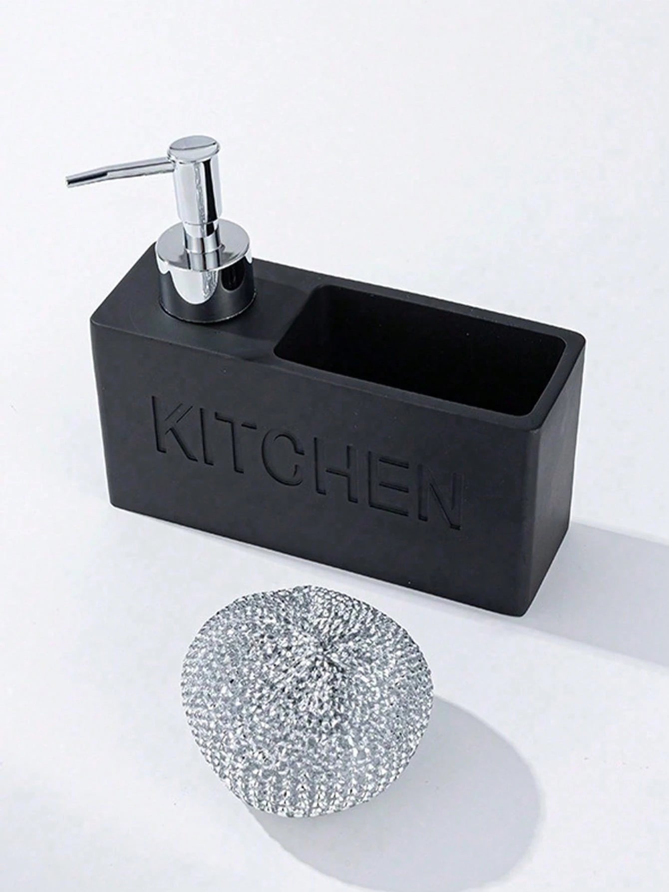1pc 6.31 Inch Resin Fashion Kitchen Soap Dispenser Bottle, Kitchen Countertop Decor, Dish Soap Refill Bottle, Bathroom Sink Use, Includes Dish Sponge (Black, Grey, White)