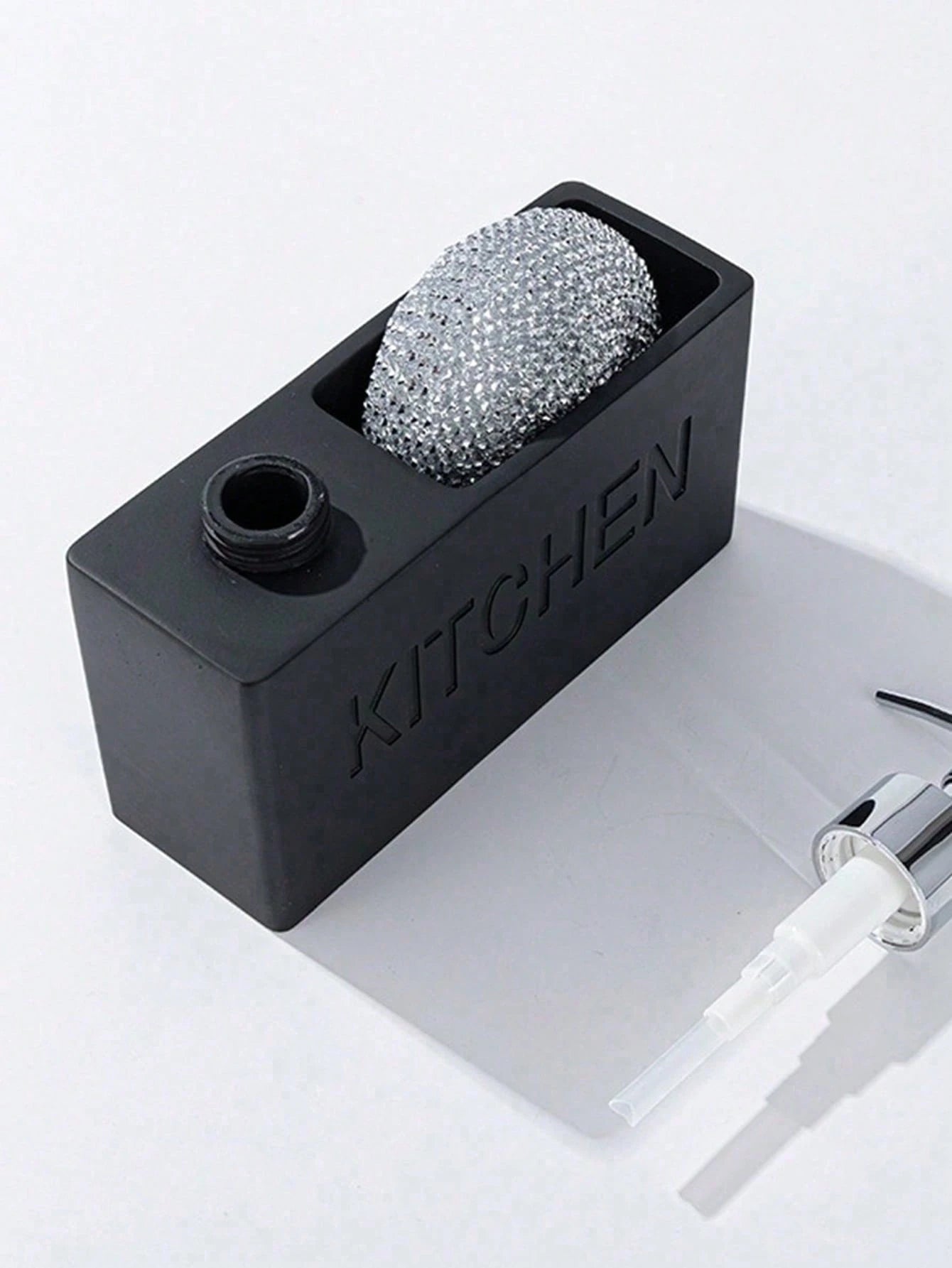 1pc 6.31 Inch Resin Fashion Kitchen Soap Dispenser Bottle, Kitchen Countertop Decor, Dish Soap Refill Bottle, Bathroom Sink Use, Includes Dish Sponge (Black, Grey, White)