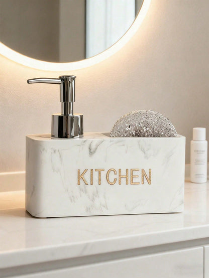 1pc 6.31 Inch Resin Fashion Kitchen Soap Dispenser Bottle, Kitchen Countertop Decor, Dish Soap Refill Bottle, Bathroom Sink Use, Includes Dish Sponge (Black, Grey, White)