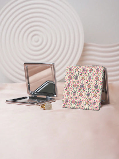 1PC Art Decorative Series Portable Folding Makeup Mirror, Lightweight Ultra-Thin Convenient Durable PU Leather, Suitable For Various Occasions Travel Party Work School, Fit For All Ages