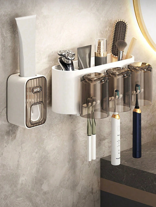 1pc Automatic Toothpaste Dispenser With Toothbrush Holder, Wall-Mounted Toothbrush Storage Rack With Rinse Cup, Space-Saving Bathroom Organizer For Toothbrush And Cup, Home Bathroom Decor, Autumn, Bac