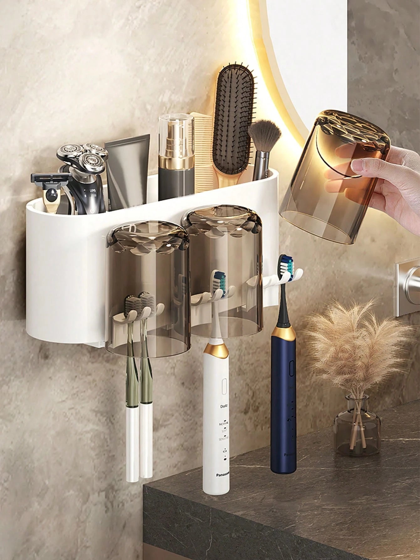 1pc Automatic Toothpaste Dispenser With Toothbrush Holder, Wall-Mounted Toothbrush Storage Rack With Rinse Cup, Space-Saving Bathroom Organizer For Toothbrush And Cup, Home Bathroom Decor, Autumn, Bac