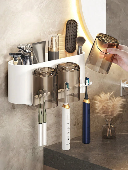 1pc Automatic Toothpaste Dispenser With Toothbrush Holder, Wall-Mounted Toothbrush Storage Rack With Rinse Cup, Space-Saving Bathroom Organizer For Toothbrush And Cup, Home Bathroom Decor, Autumn, Bac