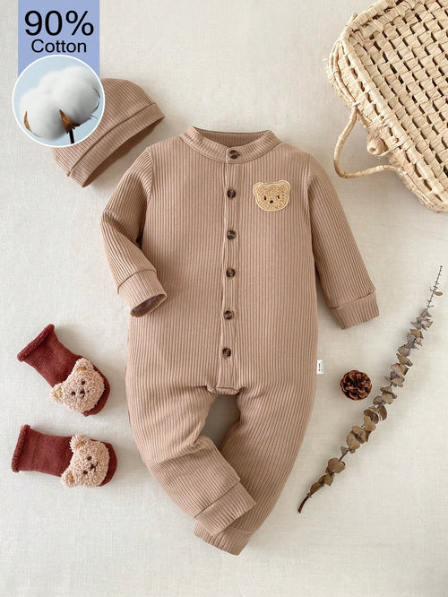 1pc Baby Boy Solid Color Romper, Soft Fleece, Cute Casual Style, Suitable For Autumn/Winter Outdoor Play/ Vacation/ Daily Wear