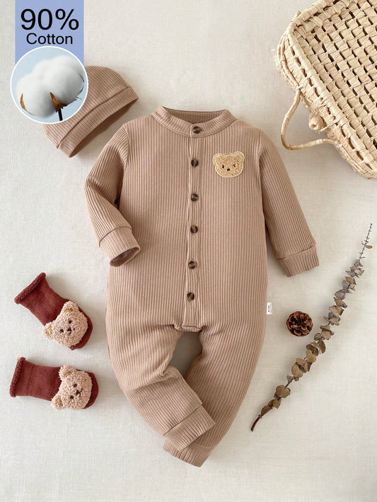 1pc Baby Boy Solid Color Romper, Soft Fleece, Cute Casual Style, Suitable For Autumn/Winter Outdoor Play/ Vacation/ Daily Wear