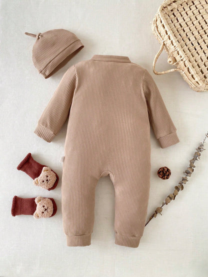 1pc Baby Boy Solid Color Romper, Soft Fleece, Cute Casual Style, Suitable For Autumn/Winter Outdoor Play/ Vacation/ Daily Wear