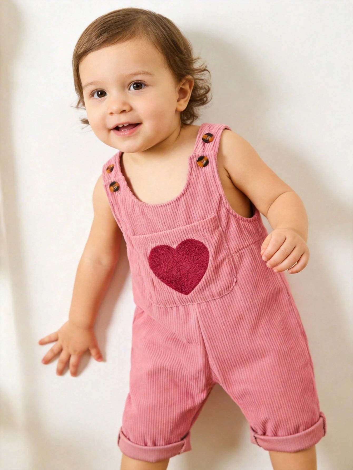 1pc Baby Girls' Corduroy Heart Embroidery Bib Pants, Casual Overalls For Toddlers, Spring & Autumn