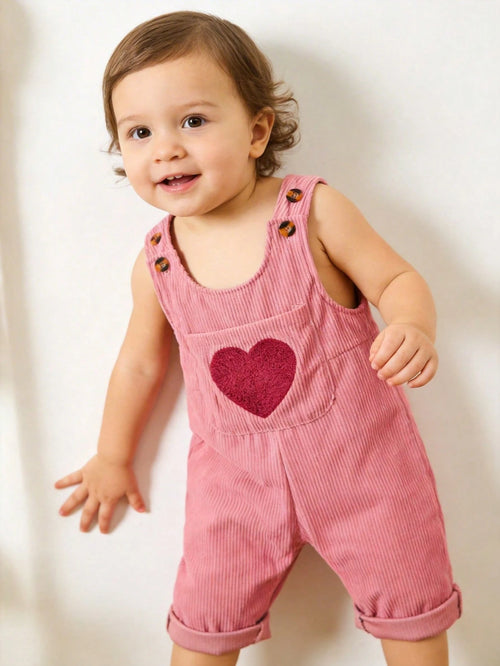1pc Baby Girls' Corduroy Heart Embroidery Bib Pants, Casual Overalls For Toddlers, Spring & Autumn