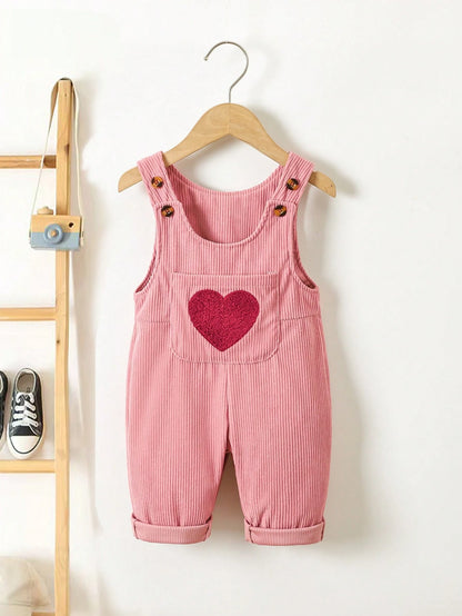 1pc Baby Girls' Corduroy Heart Embroidery Bib Pants, Casual Overalls For Toddlers, Spring & Autumn