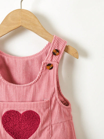 1pc Baby Girls' Corduroy Heart Embroidery Bib Pants, Casual Overalls For Toddlers, Spring & Autumn