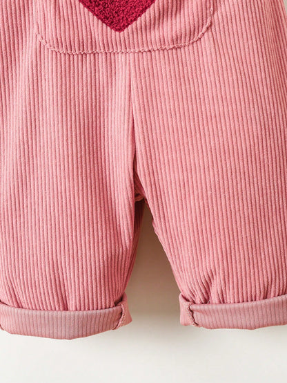 1pc Baby Girls' Corduroy Heart Embroidery Bib Pants, Casual Overalls For Toddlers, Spring & Autumn