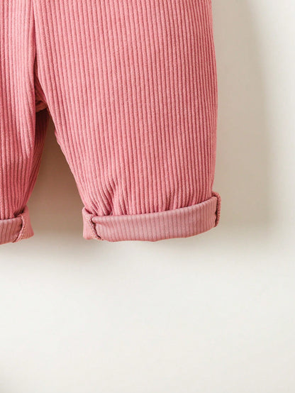 1pc Baby Girls' Corduroy Heart Embroidery Bib Pants, Casual Overalls For Toddlers, Spring & Autumn