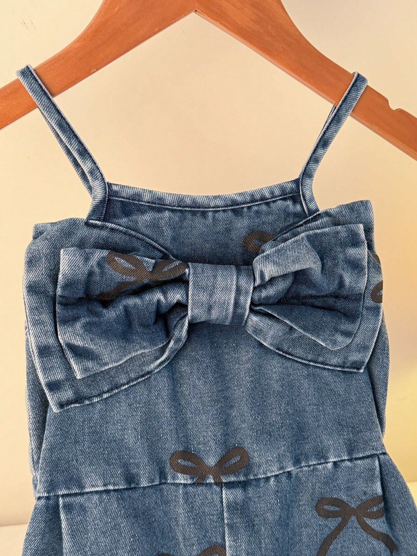 1pc Baby Girls' Fashionable Street Style Sweet Blue Jumpsuit With Big Bow Decor & Bow Print, Suitable For Street, Photoshoot, School Outfit