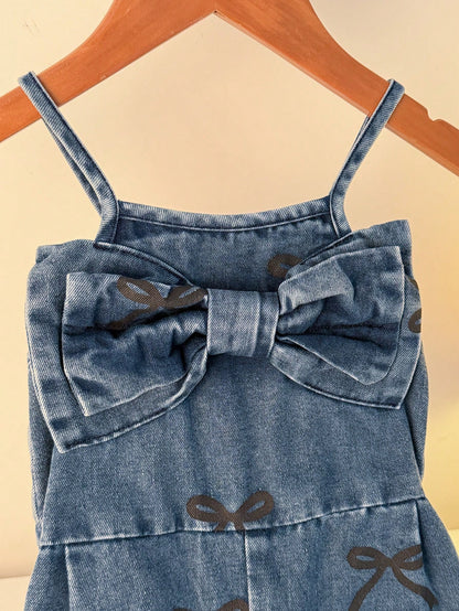 1pc Baby Girls' Fashionable Street Style Sweet Blue Jumpsuit With Big Bow Decor & Bow Print, Suitable For Street, Photoshoot, School Outfit