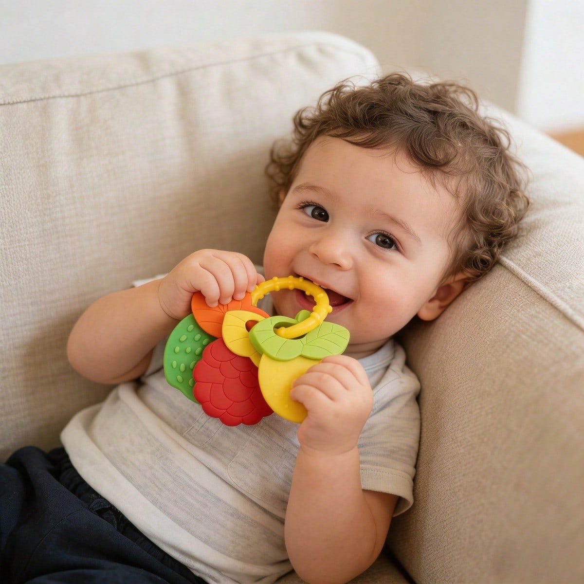 1pc Baby Teething Silicone Rattle Toy, Fruit Shaped, Suitable For Infants, Can Be Used For Teething And Fixing Teeth, With Rattle, Suitable As Easter Gift Or Baby Shower Gift. 3 Random Color Sets Per