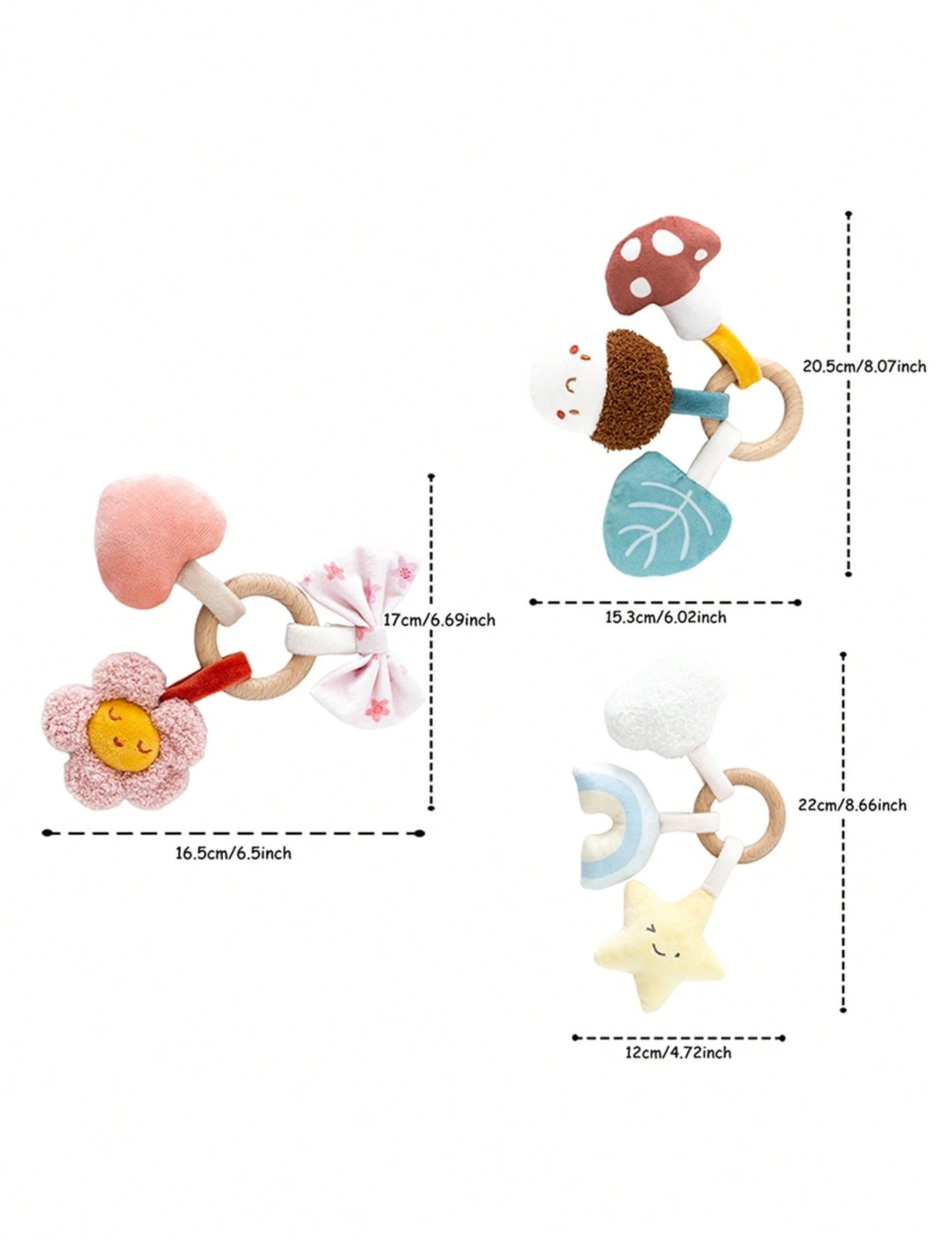 1pc Baby Wooden Ring Rattle Plush Soft Teether Toy, Cute Cartoon Acorn Star Flower Design Sensory Toy, Suitable For Newborns & Infants, Essential Travel Gift