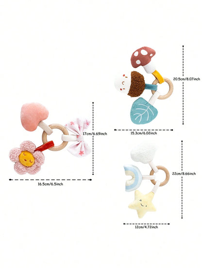 1pc Baby Wooden Ring Rattle Plush Soft Teether Toy, Cute Cartoon Acorn Star Flower Design Sensory Toy, Suitable For Newborns & Infants, Essential Travel Gift