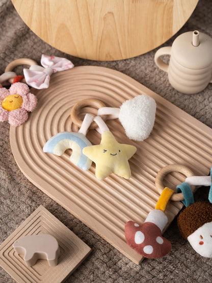 1pc Baby Wooden Ring Rattle Plush Soft Teether Toy, Cute Cartoon Acorn Star Flower Design Sensory Toy, Suitable For Newborns & Infants, Essential Travel Gift