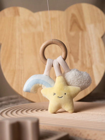 1pc Baby Wooden Ring Rattle Plush Soft Teether Toy, Cute Cartoon Acorn Star Flower Design Sensory Toy, Suitable For Newborns & Infants, Essential Travel Gift