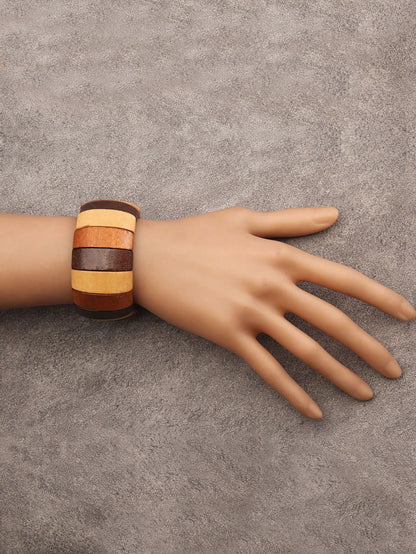 1pc Bohemia Style Literary Retro Elastic Wood Beaded Bracelet For Women, Gradient Brown, Random Color