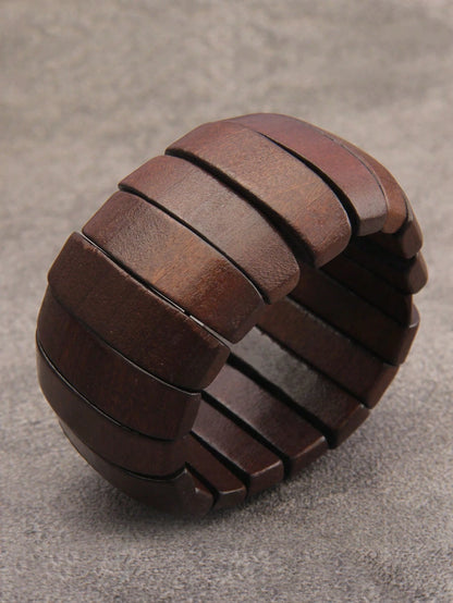 1pc Bohemia Style Literary Retro Elastic Wood Beaded Bracelet For Women, Gradient Brown, Random Color