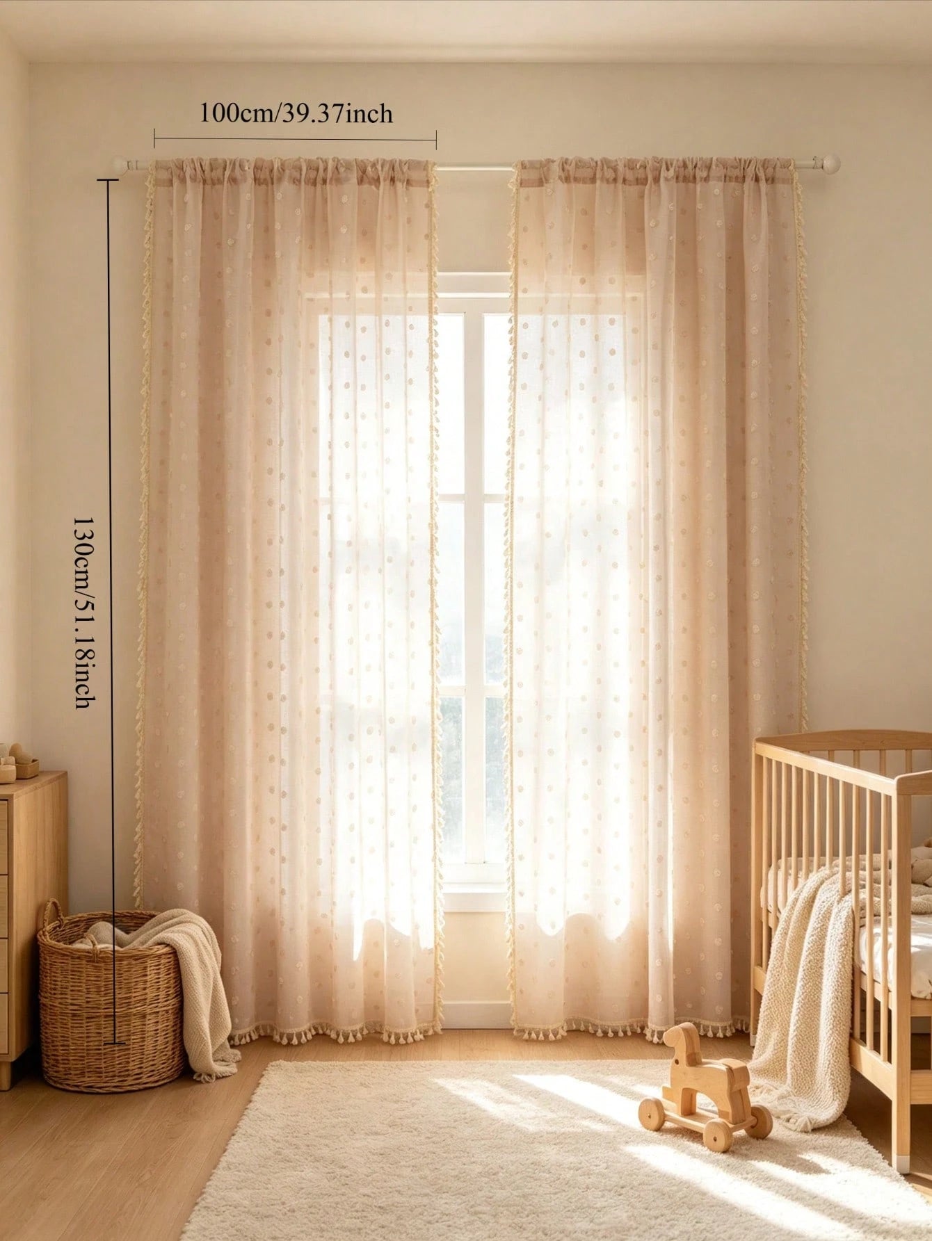 1pc Candy Color Pom Pom Tassel Sheer Curtain, Rod Pocket Design, Beautiful And Durable, Baby Shower Decoration, Children's Room Decoration, Nursery Decoration, Room Decoration