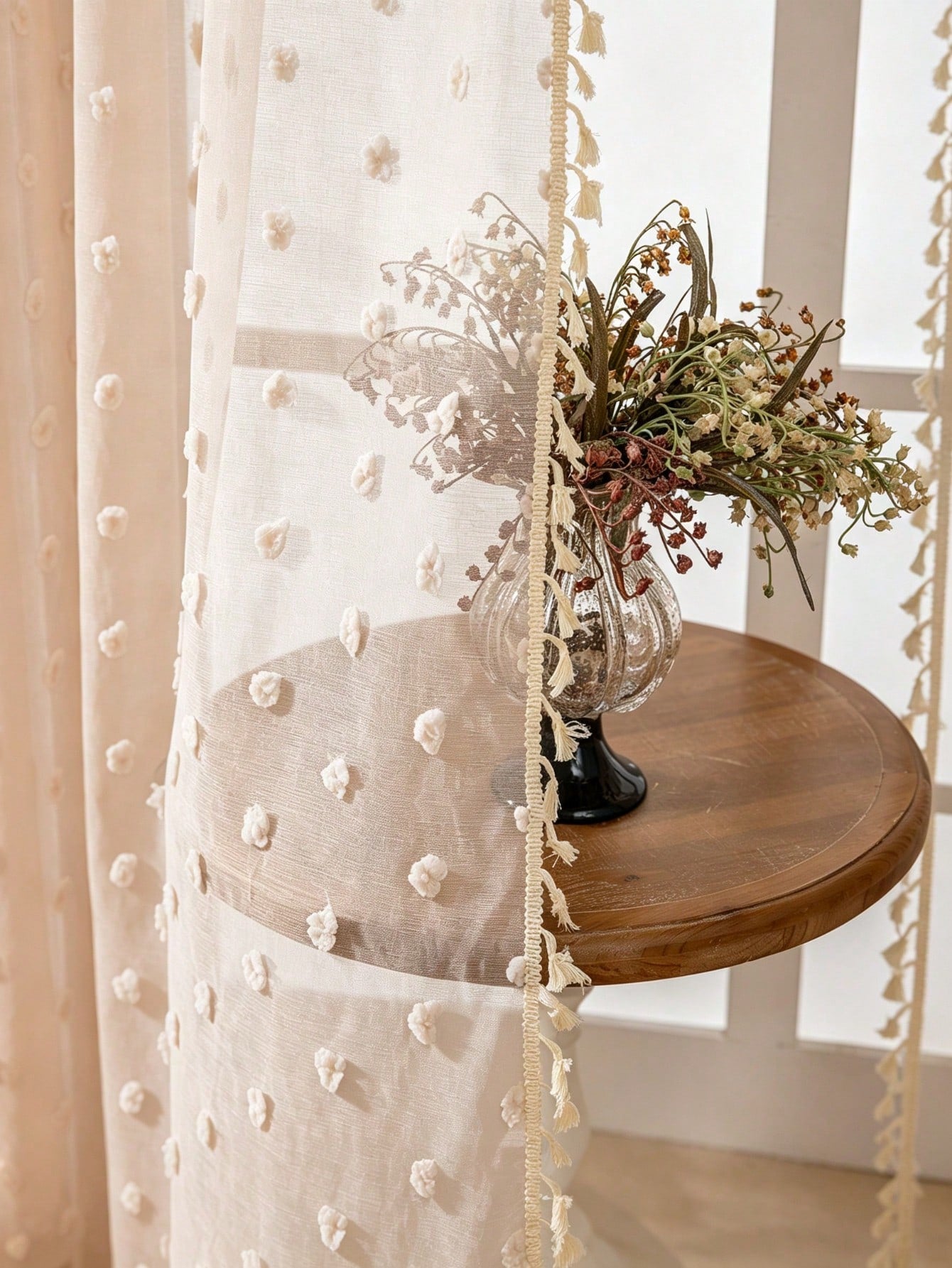1pc Candy Color Pom Pom Tassel Sheer Curtain, Rod Pocket Design, Beautiful And Durable, Baby Shower Decoration, Children's Room Decoration, Nursery Decoration, Room Decoration