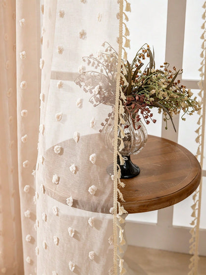 1pc Candy Color Pom Pom Tassel Sheer Curtain, Rod Pocket Design, Beautiful And Durable, Baby Shower Decoration, Children's Room Decoration, Nursery Decoration, Room Decoration