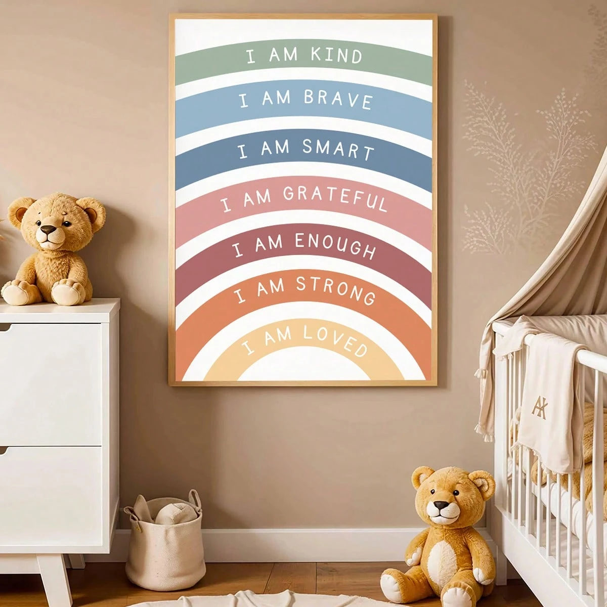 1pc Canvas Wall Art, Framed Children's Room Decor, Bohemian Style Rainbow Kids Inspirational Poster, With "I Am Kind, Brave, Smart, Content, Strong And Loved." This Poster Features A Minimalist Modern