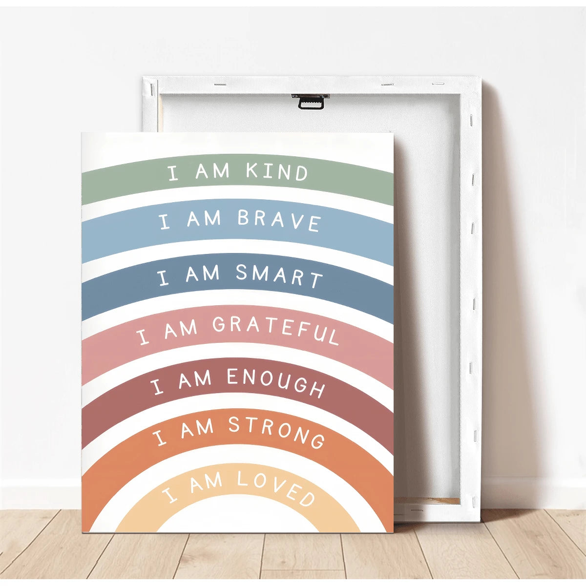 1pc Canvas Wall Art, Framed Children's Room Decor, Bohemian Style Rainbow Kids Inspirational Poster, With "I Am Kind, Brave, Smart, Content, Strong And Loved." This Poster Features A Minimalist Modern