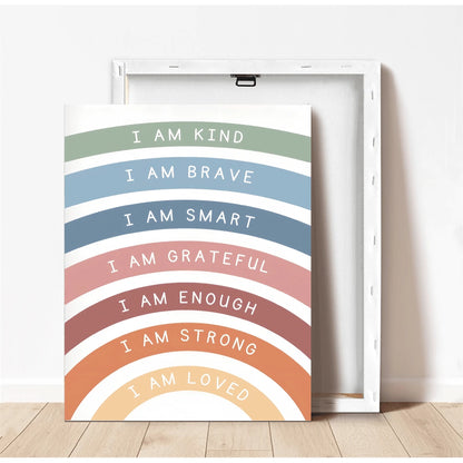 1pc Canvas Wall Art, Framed Children's Room Decor, Bohemian Style Rainbow Kids Inspirational Poster, With "I Am Kind, Brave, Smart, Content, Strong And Loved." This Poster Features A Minimalist Modern