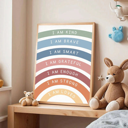 1pc Canvas Wall Art, Framed Children's Room Decor, Bohemian Style Rainbow Kids Inspirational Poster, With "I Am Kind, Brave, Smart, Content, Strong And Loved." This Poster Features A Minimalist Modern