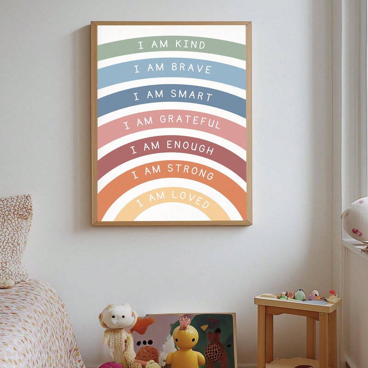 1pc Canvas Wall Art, Framed Children's Room Decor, Bohemian Style Rainbow Kids Inspirational Poster, With "I Am Kind, Brave, Smart, Content, Strong And Loved." This Poster Features A Minimalist Modern