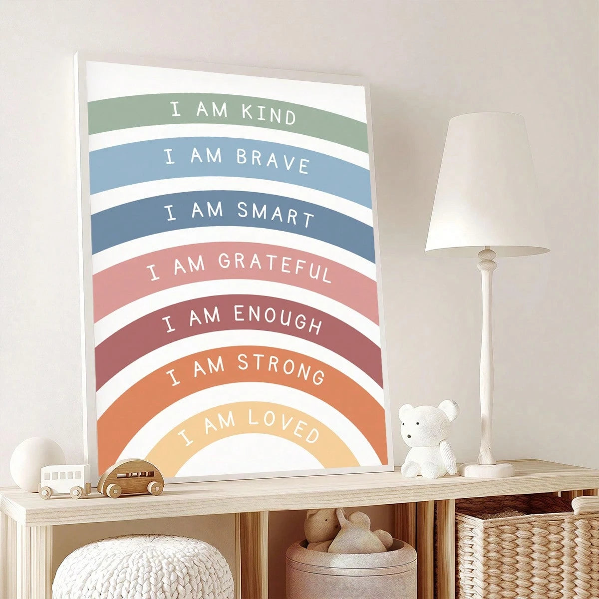 1pc Canvas Wall Art, Framed Children's Room Decor, Bohemian Style Rainbow Kids Inspirational Poster, With "I Am Kind, Brave, Smart, Content, Strong And Loved." This Poster Features A Minimalist Modern