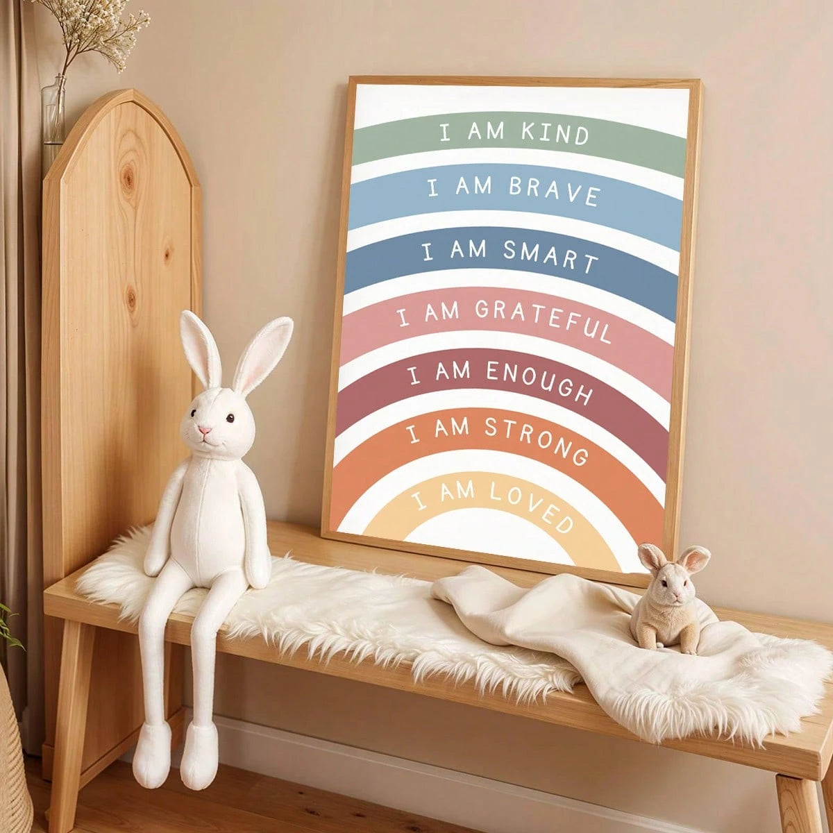 1pc Canvas Wall Art, Framed Children's Room Decor, Bohemian Style Rainbow Kids Inspirational Poster, With "I Am Kind, Brave, Smart, Content, Strong And Loved." This Poster Features A Minimalist Modern