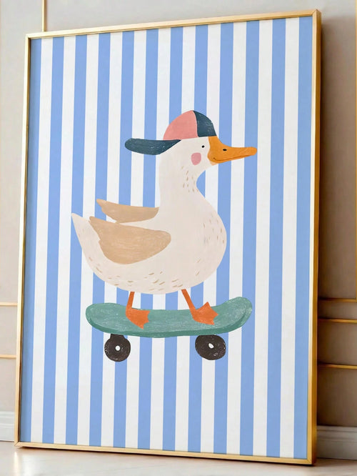 1pc Canvas Wall Art, Framed Toddler Room Decor, Skateboard Duck Wall Art, Cool Animal Poster, Perfect For Kids Room Decor, Blue Hat, Funny Duck Illustration, Suitable For Boys And Girls, Bohemian Styl