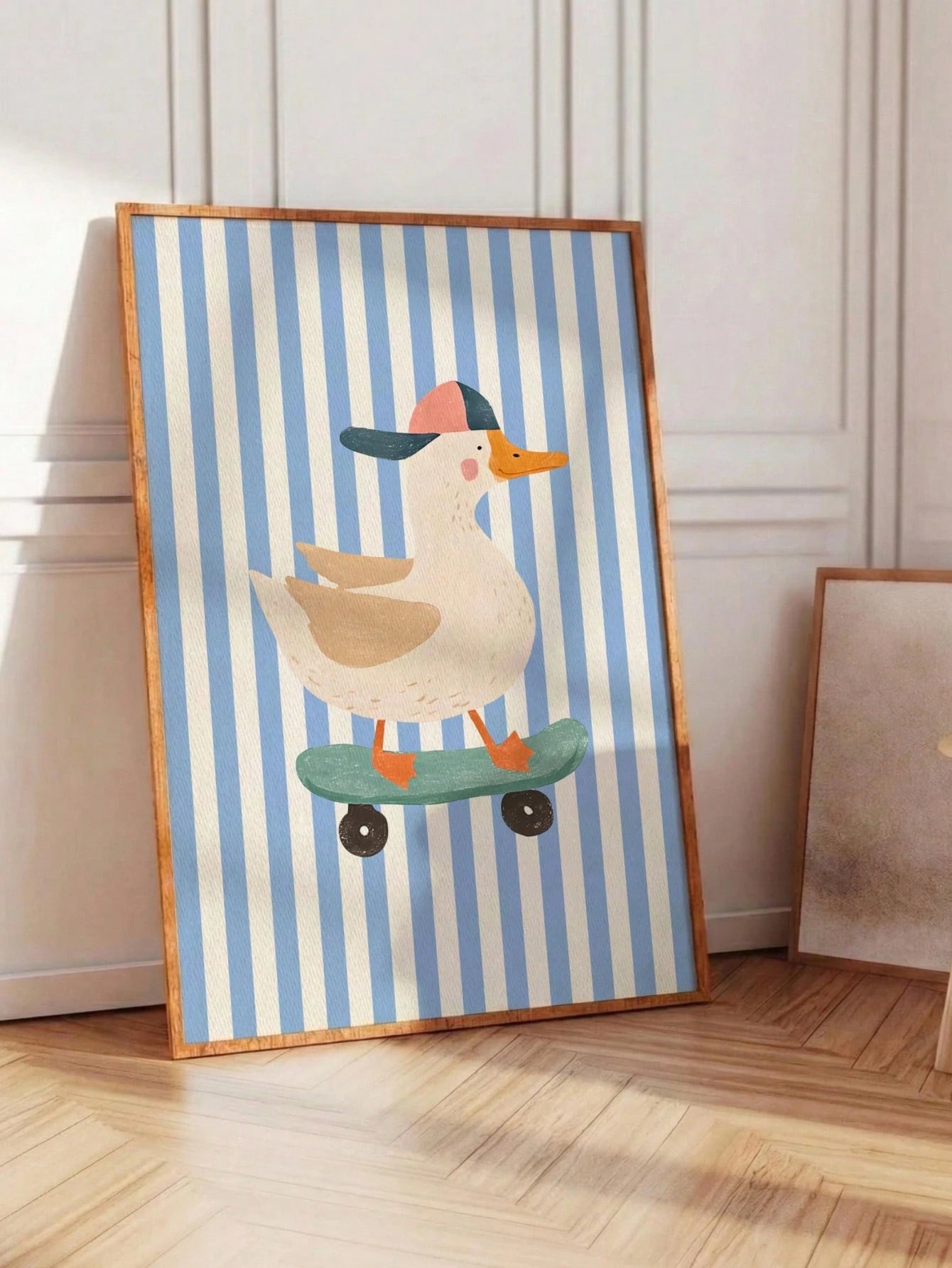 1pc Canvas Wall Art, Framed Toddler Room Decor, Skateboard Duck Wall Art, Cool Animal Poster, Perfect For Kids Room Decor, Blue Hat, Funny Duck Illustration, Suitable For Boys And Girls, Bohemian Styl