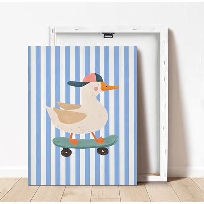 1pc Canvas Wall Art, Framed Toddler Room Decor, Skateboard Duck Wall Art, Cool Animal Poster, Perfect For Kids Room Decor, Blue Hat, Funny Duck Illustration, Suitable For Boys And Girls, Bohemian Styl