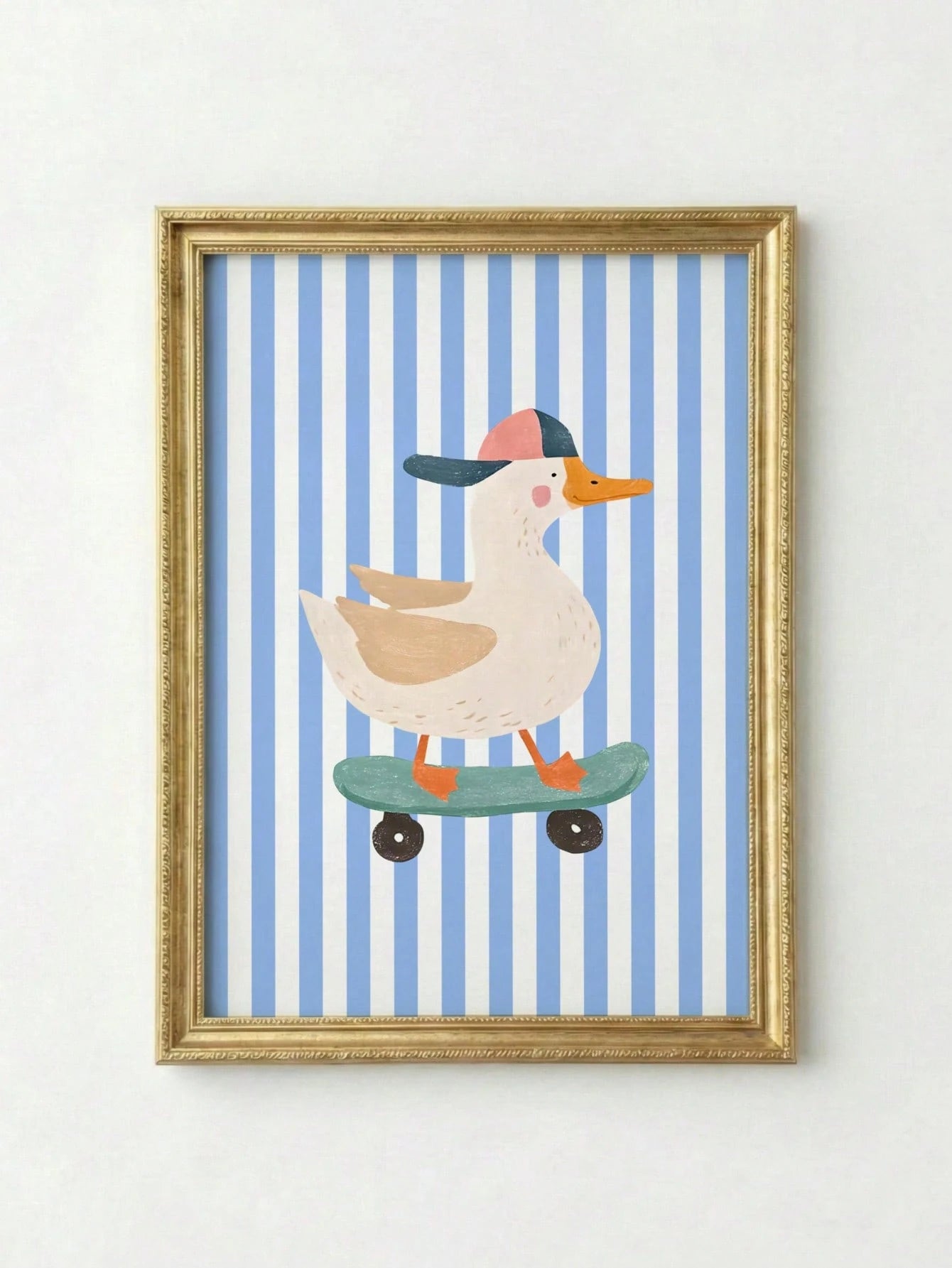 1pc Canvas Wall Art, Framed Toddler Room Decor, Skateboard Duck Wall Art, Cool Animal Poster, Perfect For Kids Room Decor, Blue Hat, Funny Duck Illustration, Suitable For Boys And Girls, Bohemian Styl